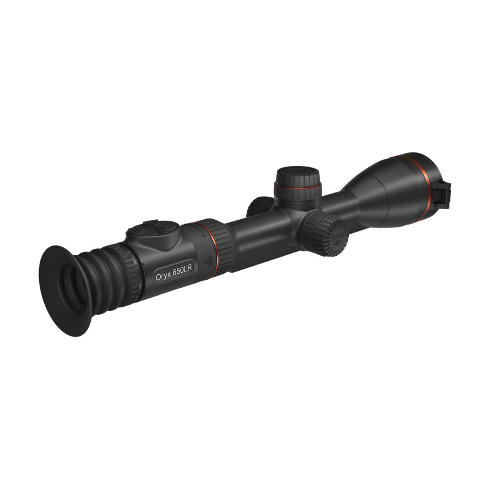 A black Oryx 650LR rifle scope, showing its eyepiece, main body, adjustment knobs, and objective lens.