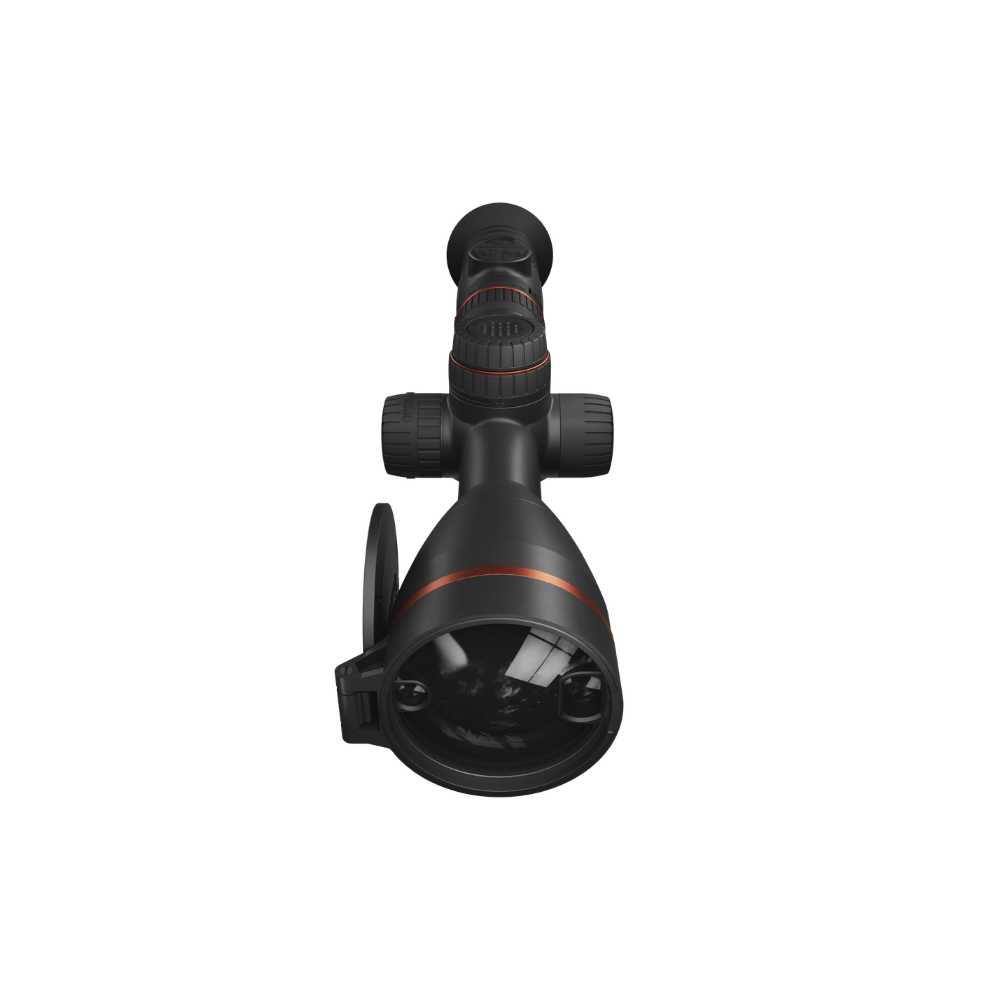 A black rifle scope with a matching black eyepiece and a thin orange accent ring, shown from a top-down perspective.
