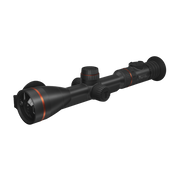 A black thermal rifle scope with orange accent rings, shown at a diagonal angle.