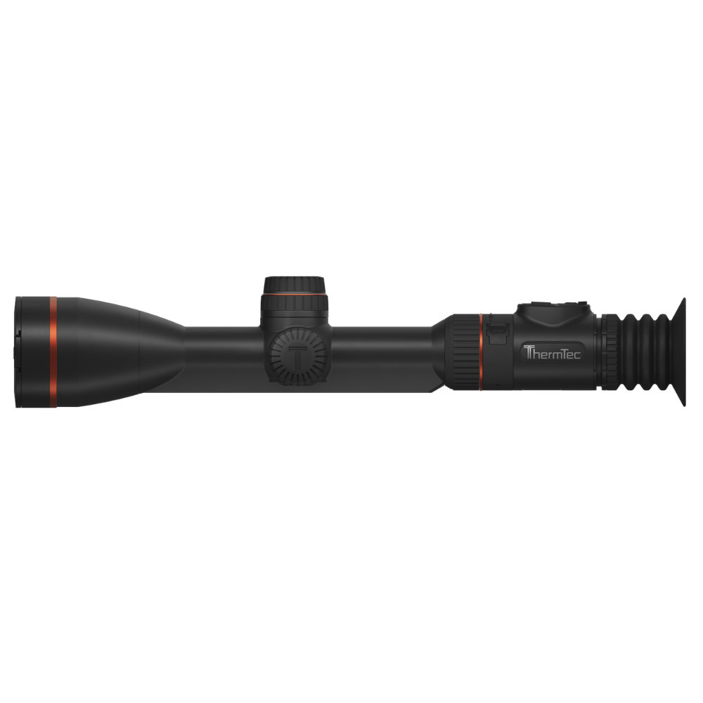 A Thermtec rifle scope in matte black with distinctive orange accent rings, shown in a side profile view against.