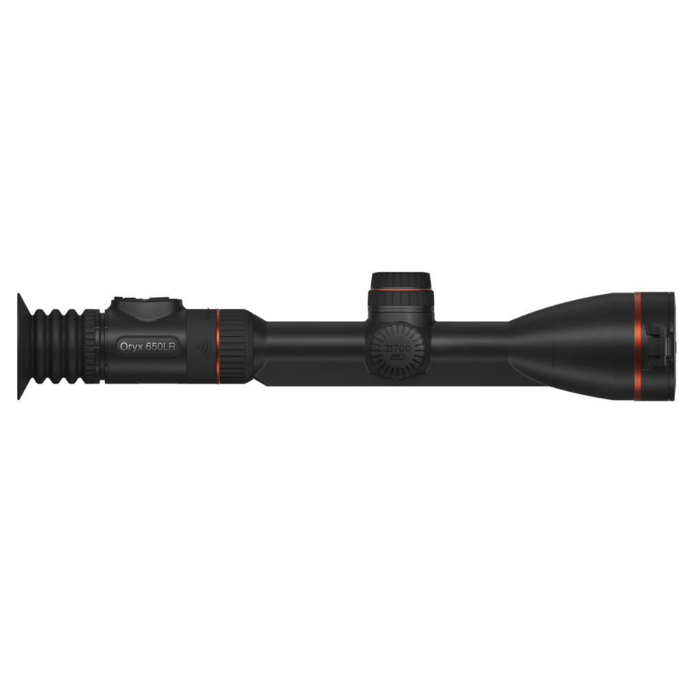 A black Oryx 650RL rifle scope shown horizontally.