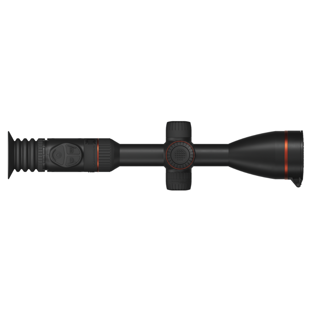 A black rifle scope with red accent rings and a textured rubber eyepiece, shown horizontally.