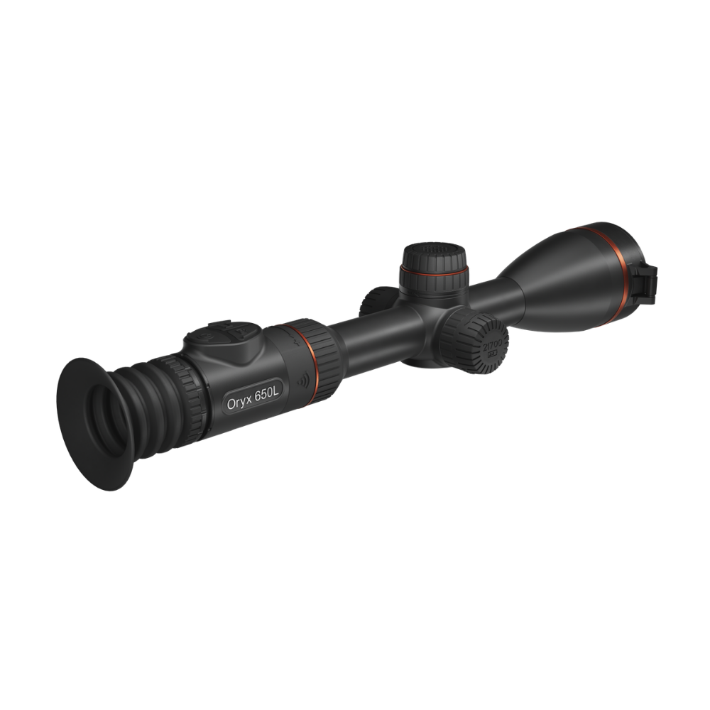 A black Oryx 650L rifle scope with red accent rings and white branding, shown at a three-quarter angle.