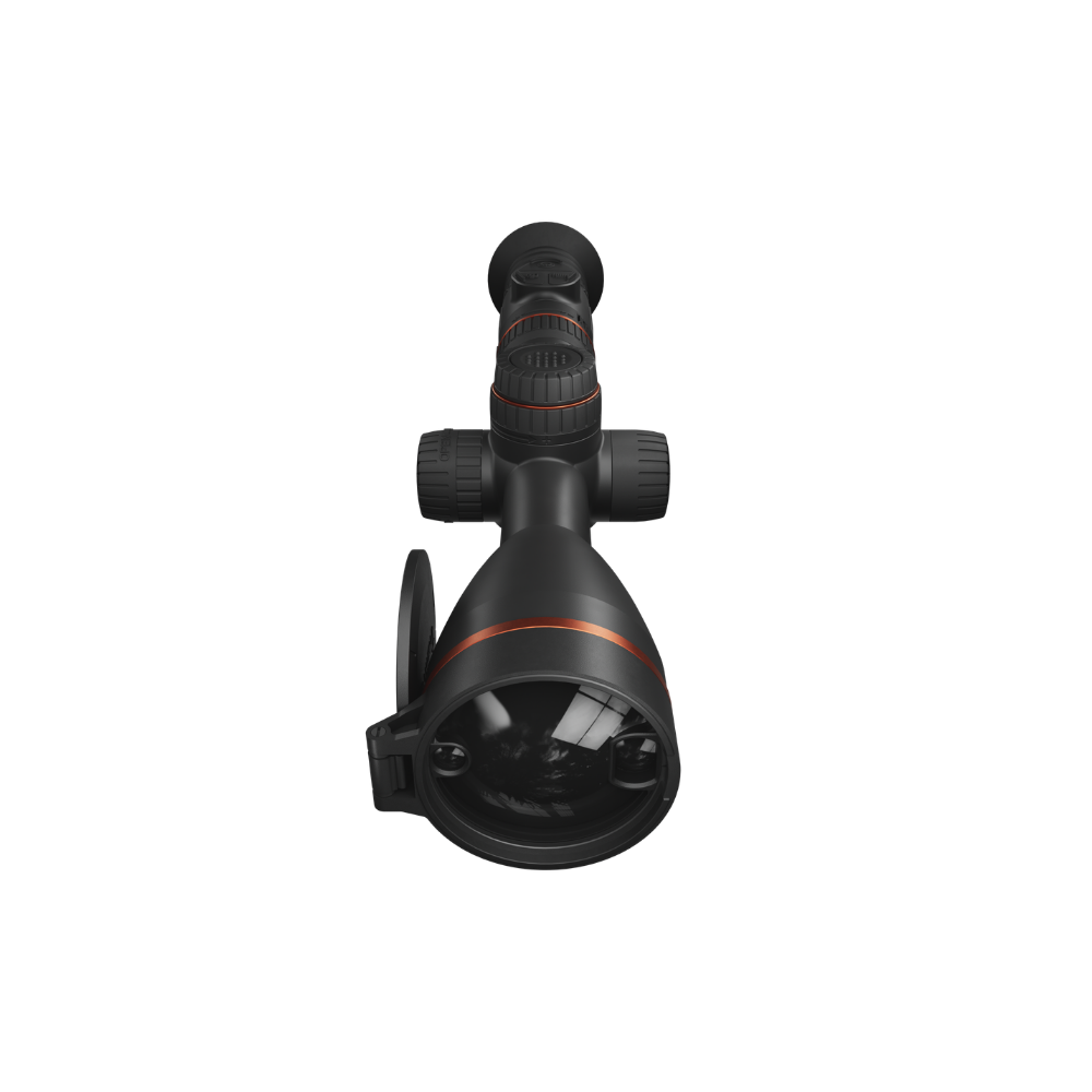A black rifle scope with a matching black eyepiece and a thin orange accent ring, shown from a top-down perspectived.