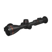 A black rifle scope with orange accent rings, shown at a diagonal angle.