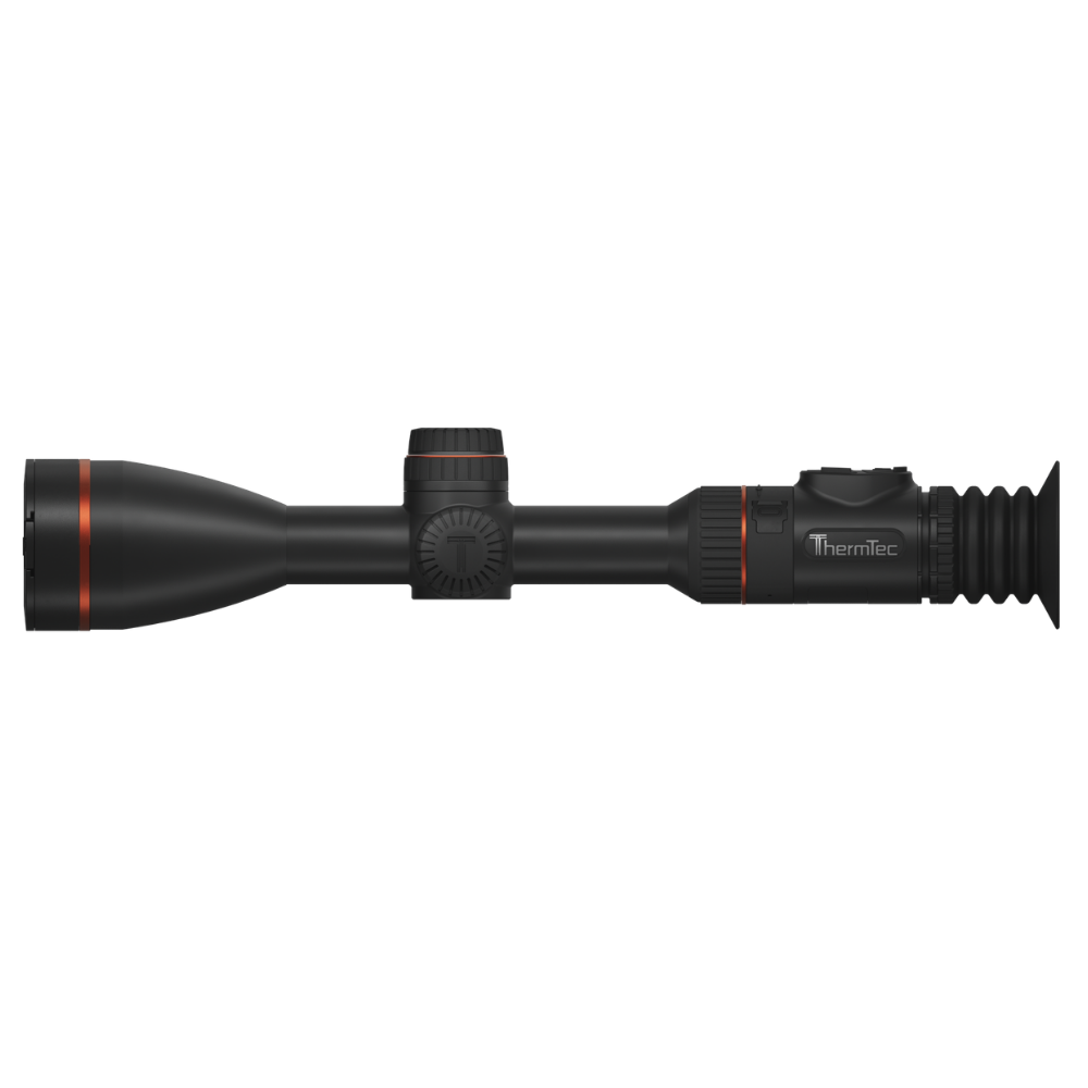 A thermal rifle scope with a matte black finish and subtle orange-red accent rings, featuring the Thermtec logo on the side, shown.