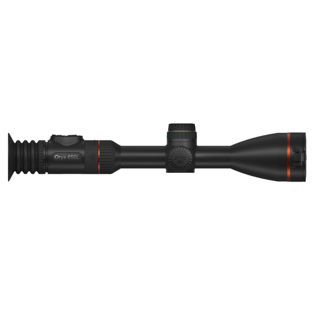 A black Oryx 650L riflescope with orange accent rings, shown horizontally.