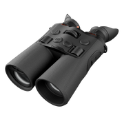 Black binoculars with a textured grip and control buttons on the top, shown at an angle.