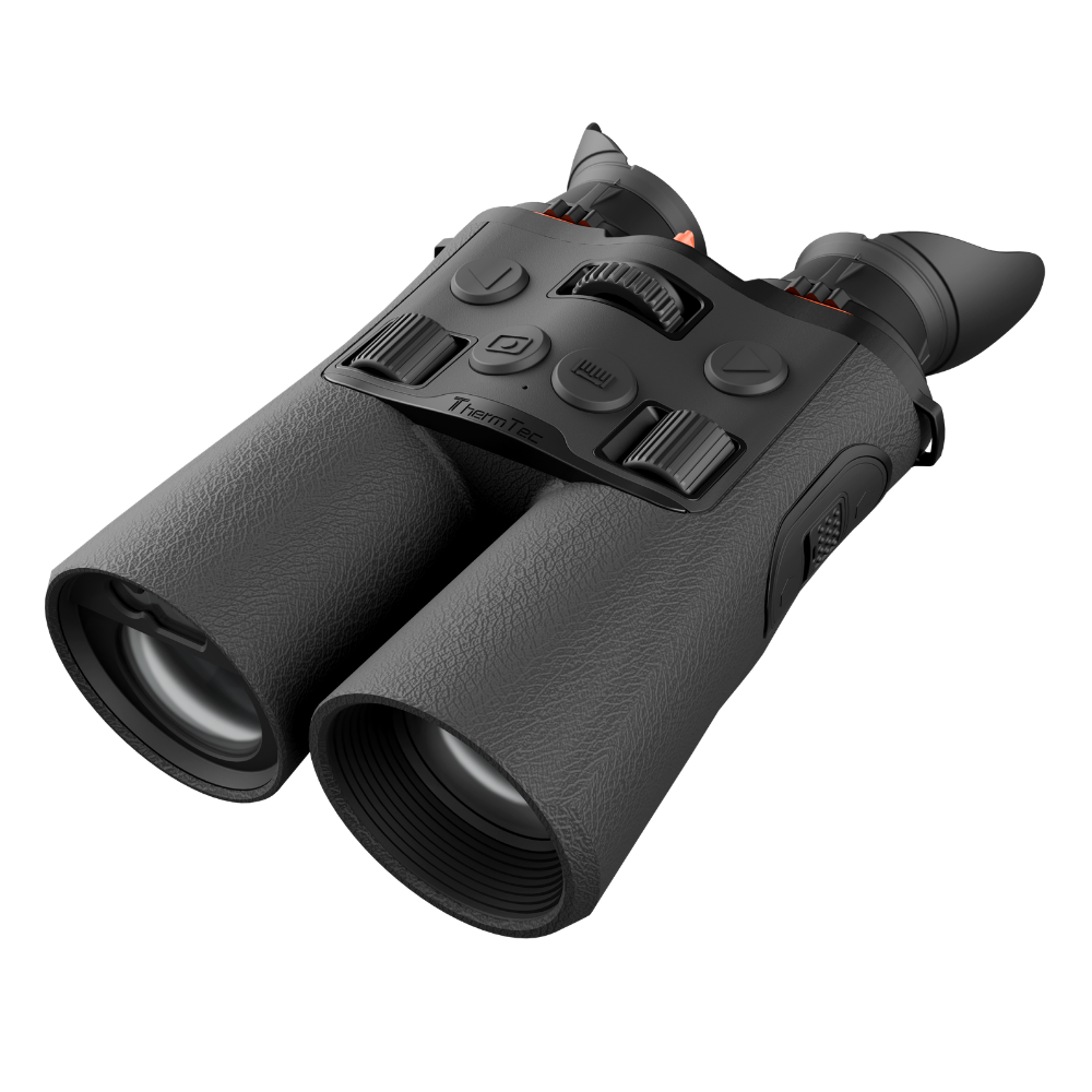 Black binoculars with a textured grip and control buttons on the top, shown at an angle.