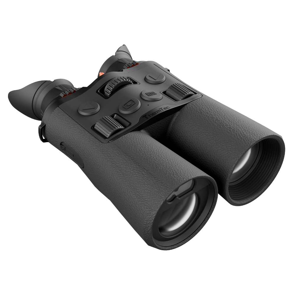 Black binoculars with a textured grip, control buttons on the top, and eyepiece on the left, shown at an angle.