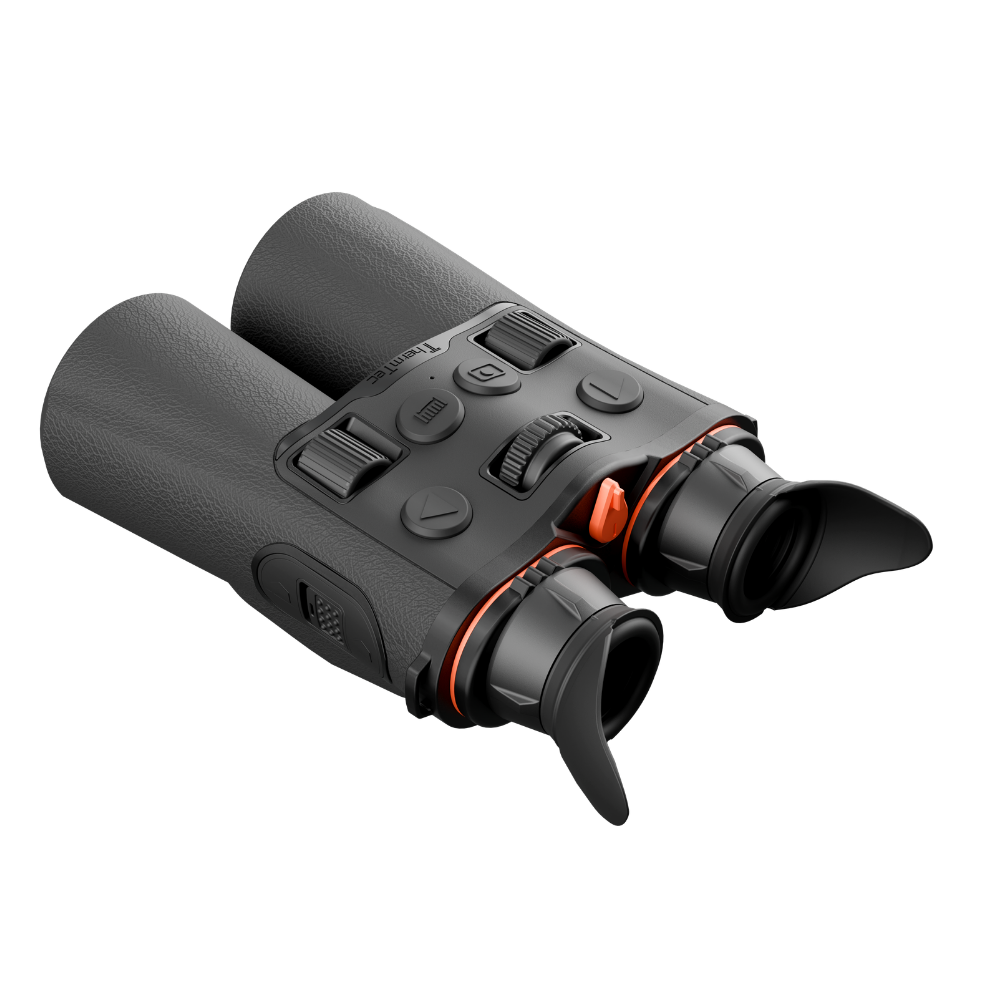 Black binoculars with textured rubberized grips, control buttons, and orange accent rings.