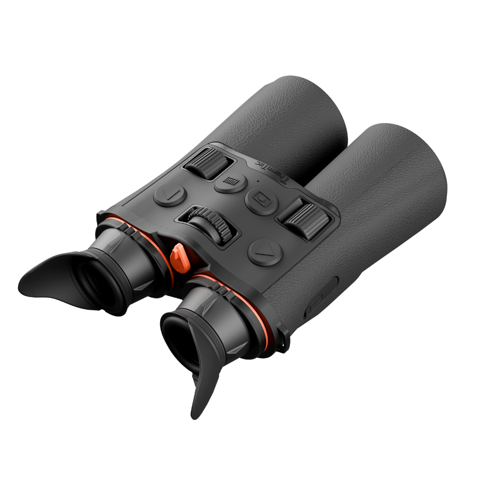 Black binoculars with textured rubberized grips, black rubber eyecups, and a small orange accent ring.