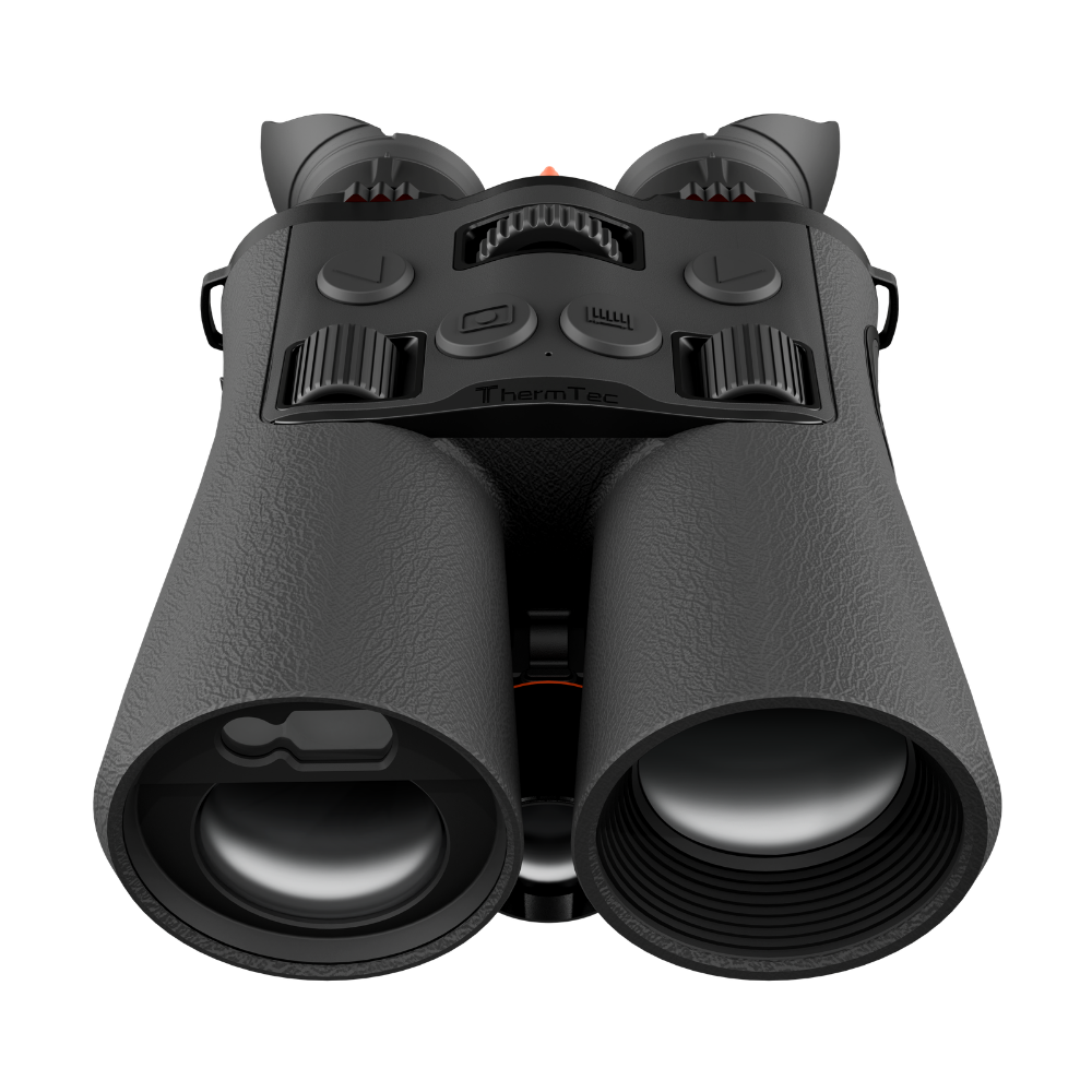Black thermal binoculars with textured rubberized grips and a central control panel, photographed from a front-facing perspective.
