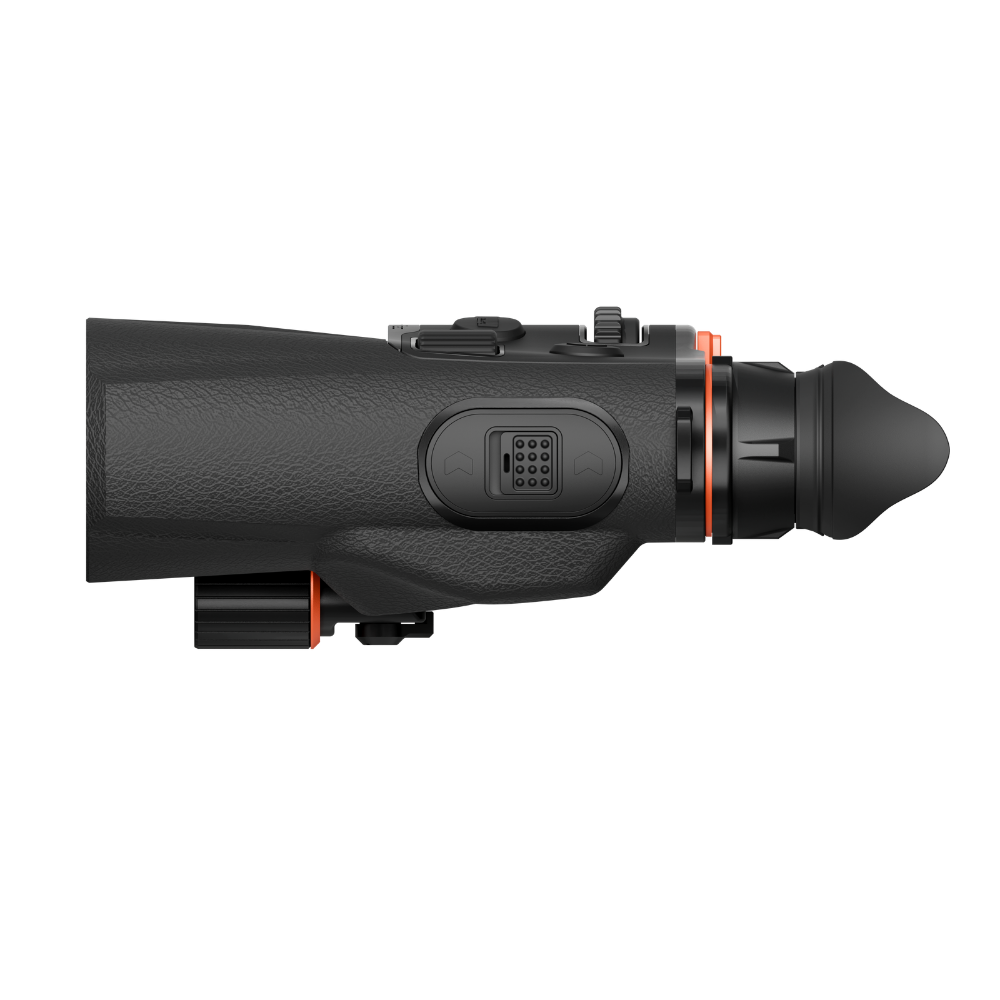 A black thermal monocular scope with orange accent rings, shown from a side profile view.