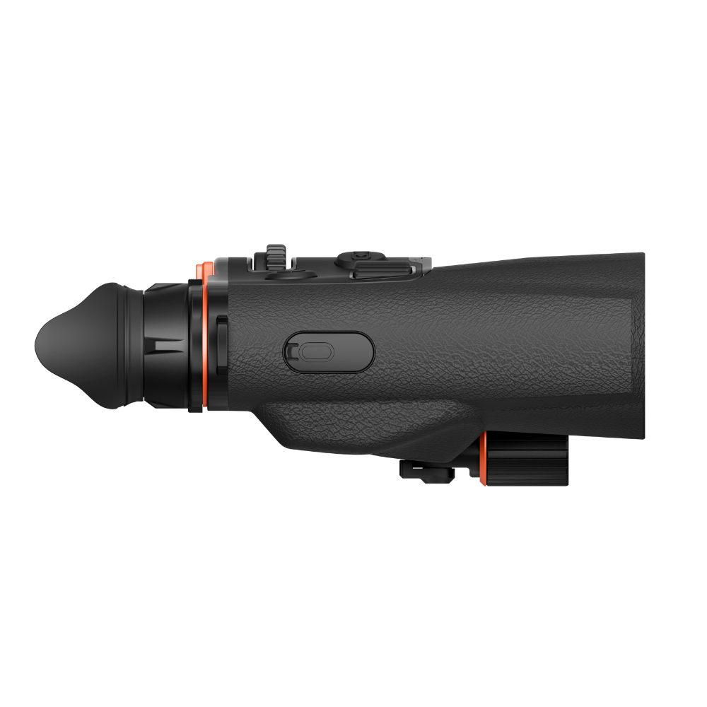 A black thermal monocular with textured grip and orange accent rings, shown from a side profile.