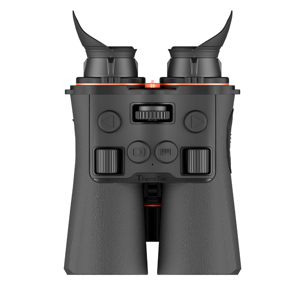 Thermac thermal binoculars in dark gray with black rubberized grips and small orange accent rings, shown from the front.