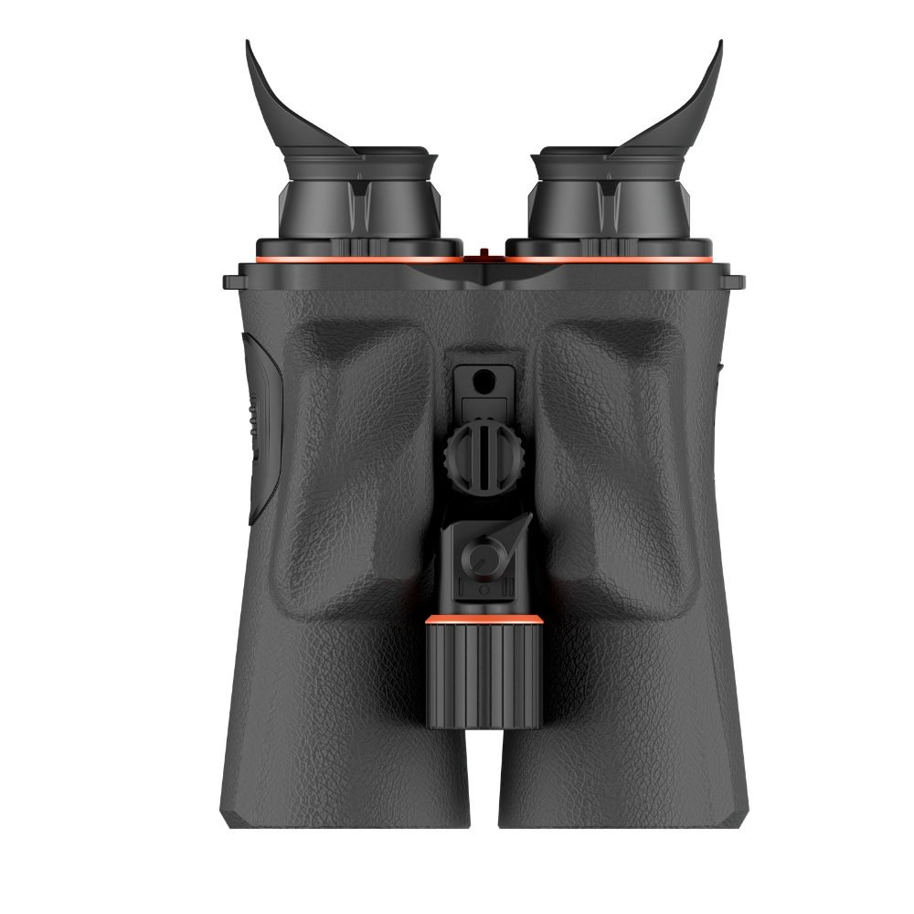 Black binoculars with textured rubberized grips and bright orange accent rings, shown from the front.