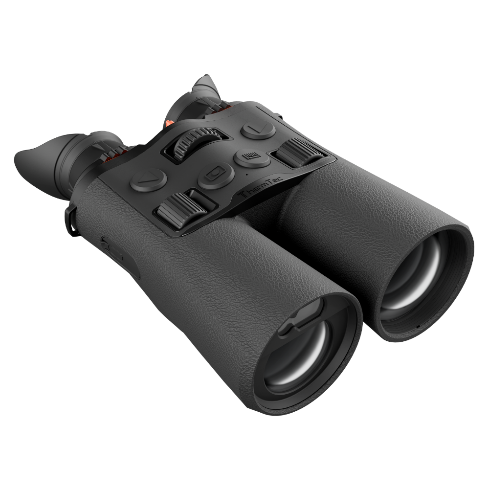 Black binoculars with a textured grip and control buttons on the top handle.