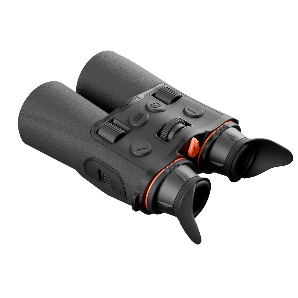 Black binoculars with textured grips, control buttons, and orange accent rings.