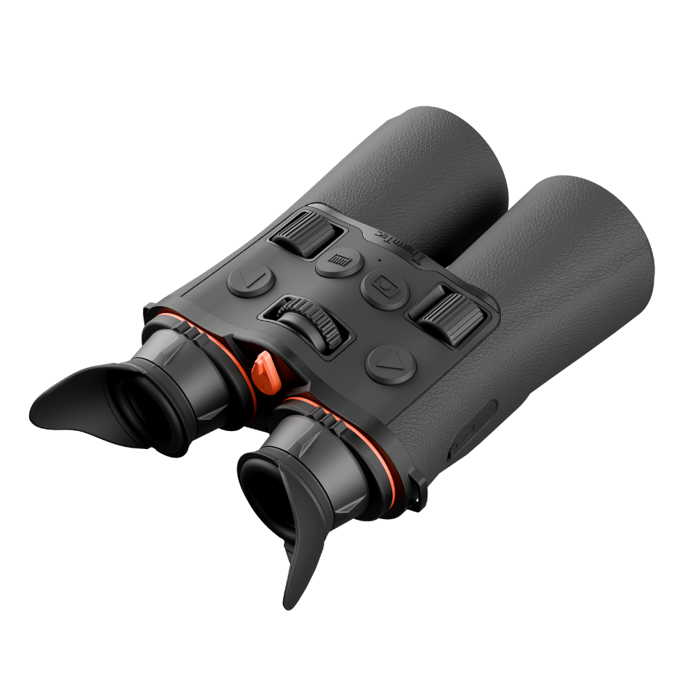 Black binoculars with textured rubberized handles, and orange accent rings.