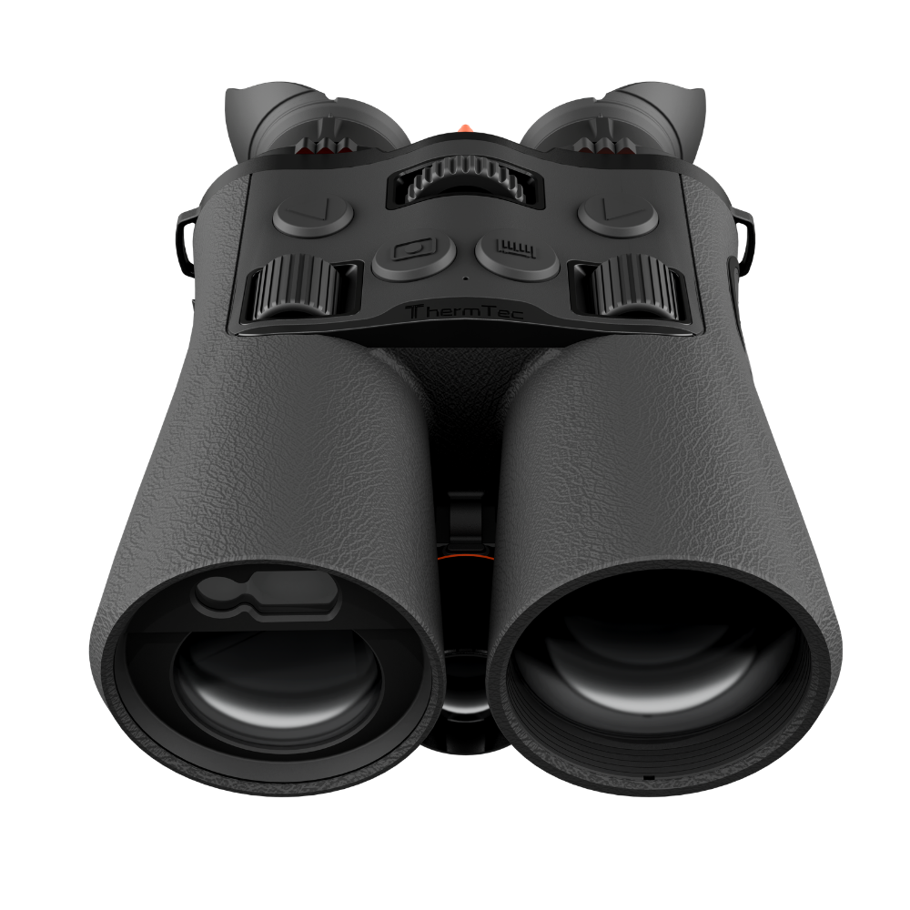 ThermTec binoculars in matte black with a textured grip, shown from a front-facing perspective.
