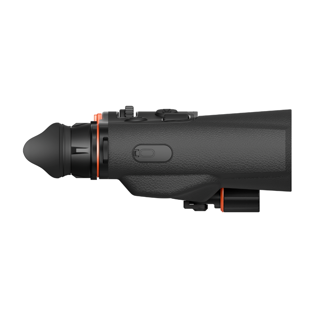 A black thermal binocular shown in a side profile view, featuring subtle orange accent rings