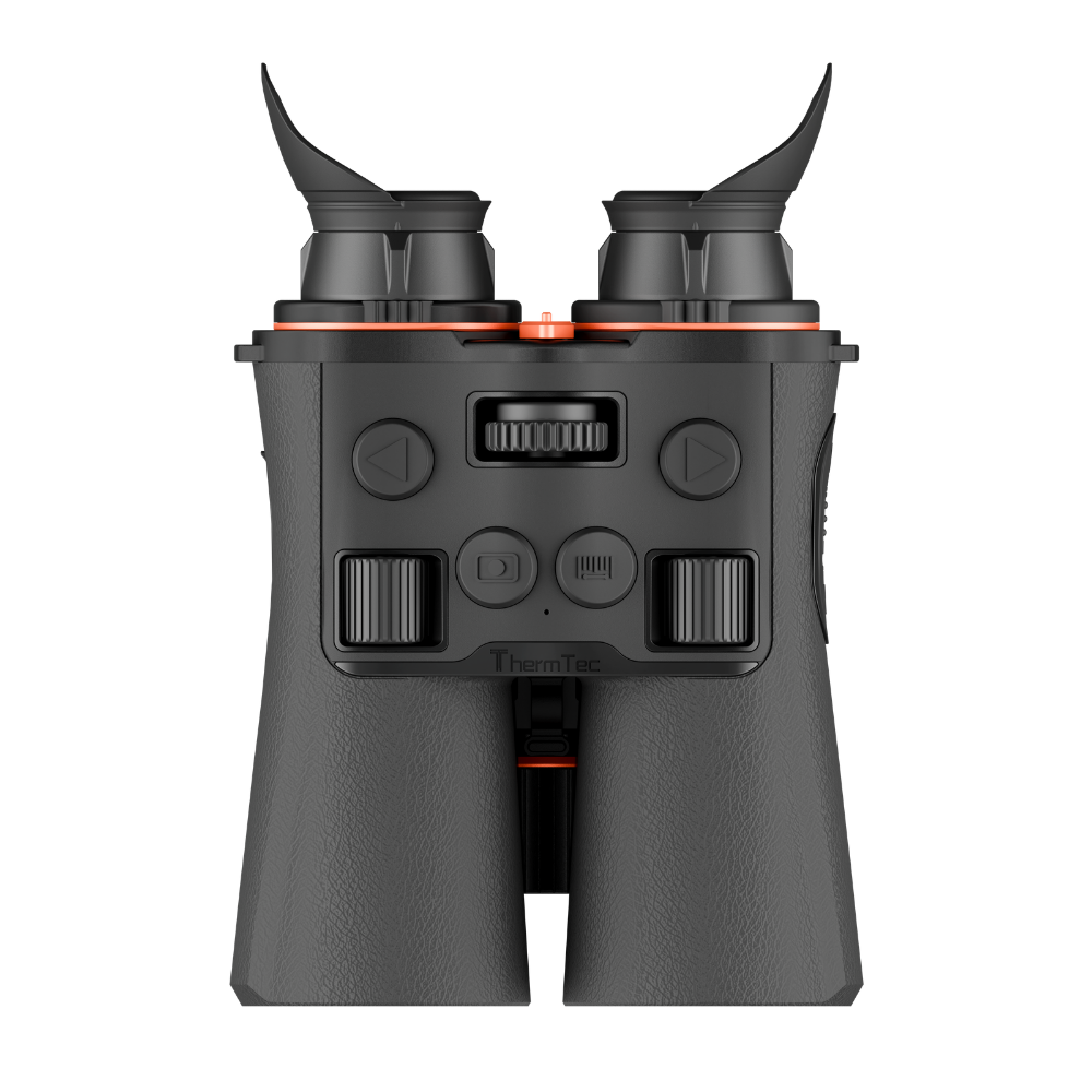 ThermTec binoculars in matte black with textured grip handles, and orange accent rings.