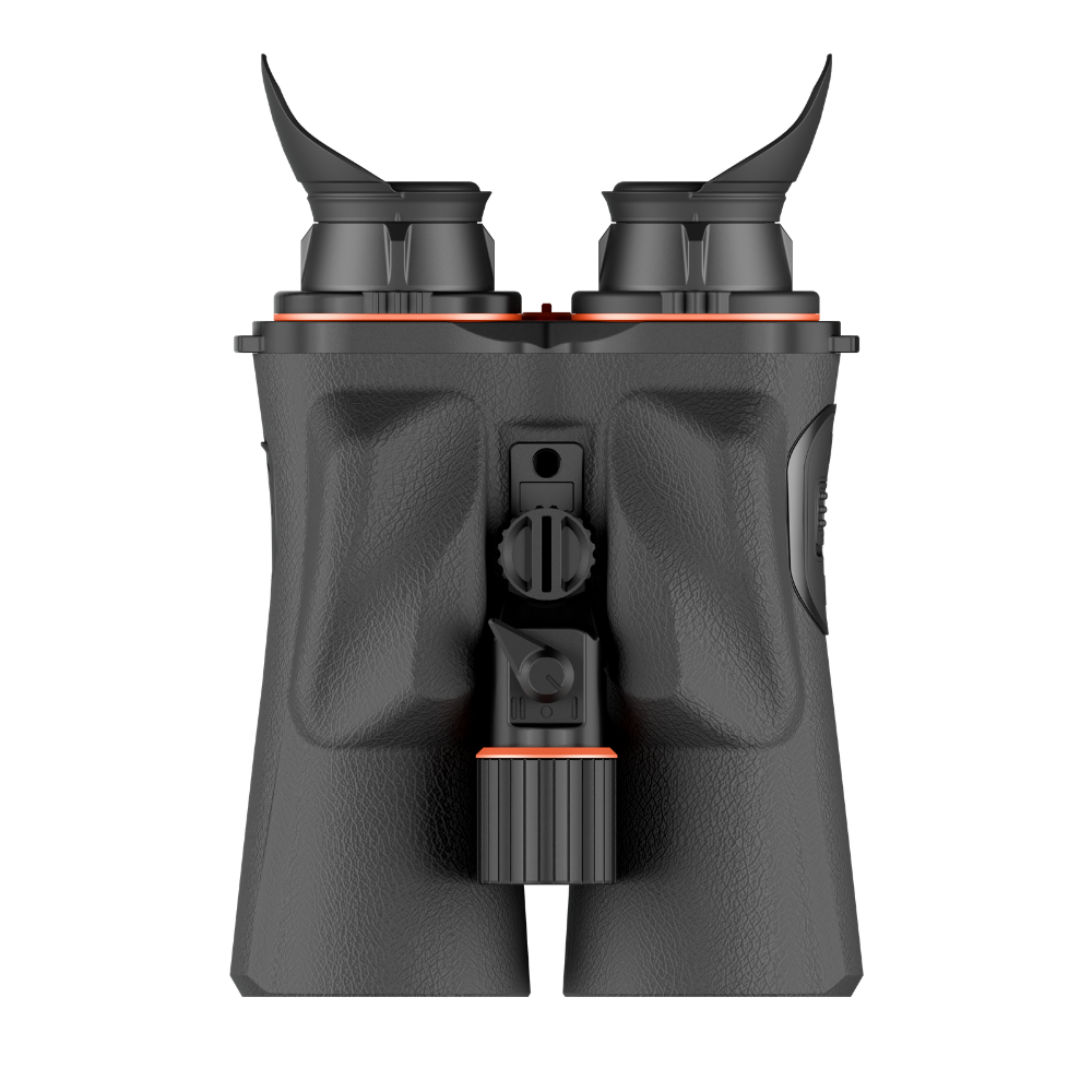 Black binoculars with orange accent rings, shown from a front-facing perspective.