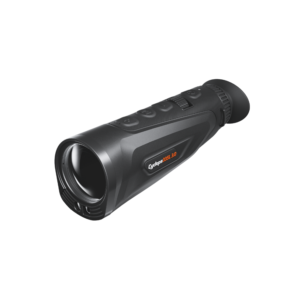 A black thermal monocular , identified as a Cyclops 335 3.0, shown at a three-quarter angle.