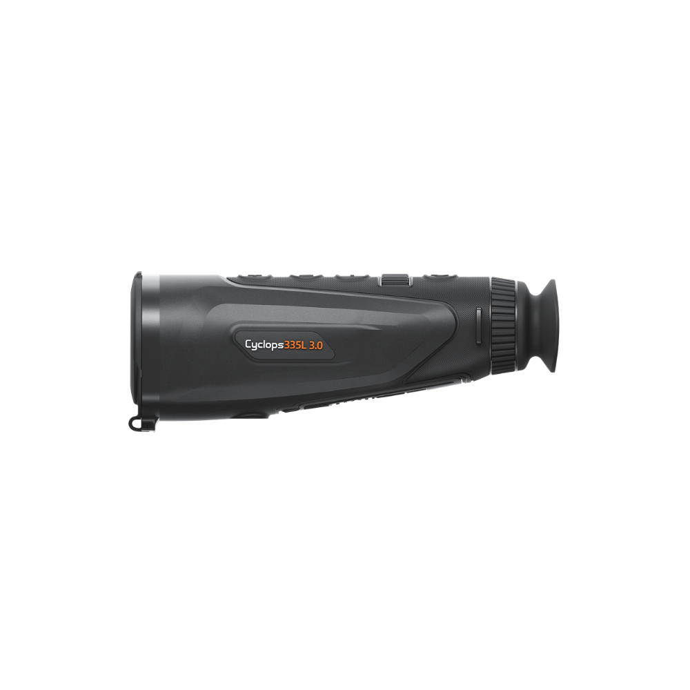 A black Cyclops 335L monocular scope shown from a side profile view.