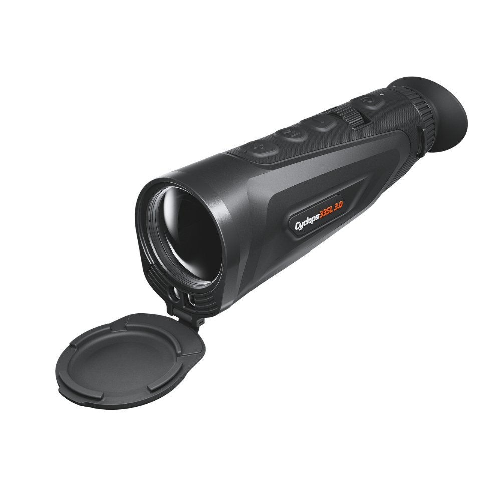 A black thermal monocular with its protective cap open. The brand name 'ThermTec' and model '335L 3.0'
