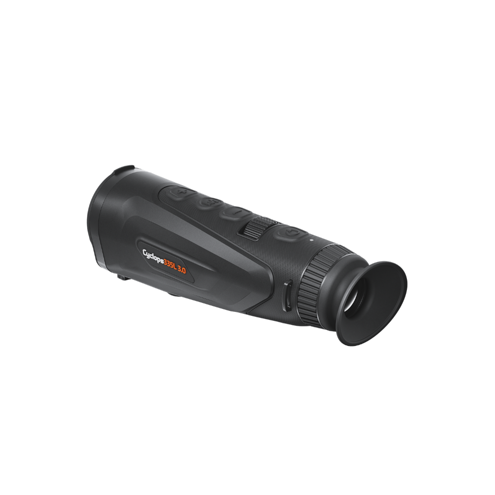 A black thermal monocular , identified as a Cyclops 335 3.0, shown at a three-quarter angle.
