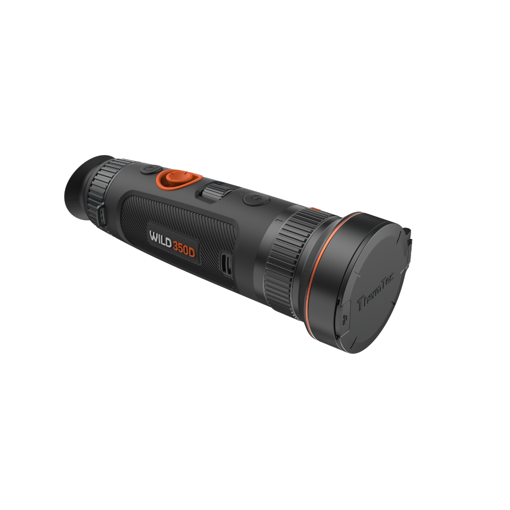 A thermal monocular with a black body, orange accents, and a clear objective lens, shown at an angle.
