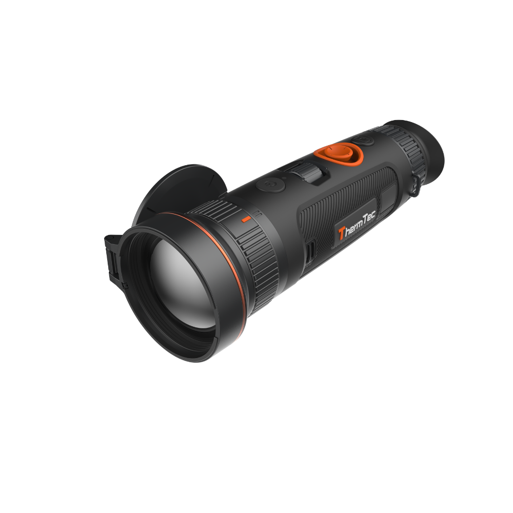A thermal monocular with a black body, orange accents, and a clear objective lens, shown at an angle.