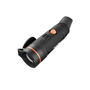 A black thermal monocular with orange accents, including a button and a ring near the lens.