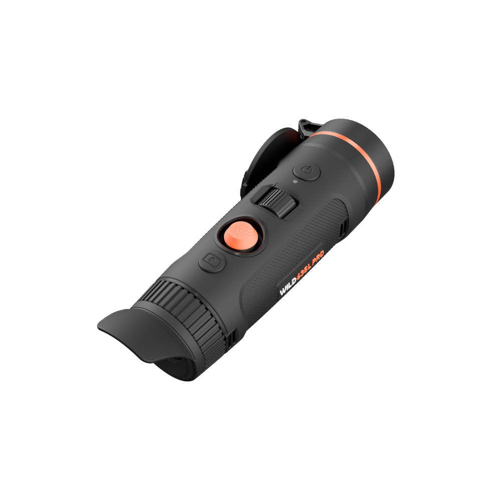 A black thermal monocular with orange accents, including a button and a ring near the lens.