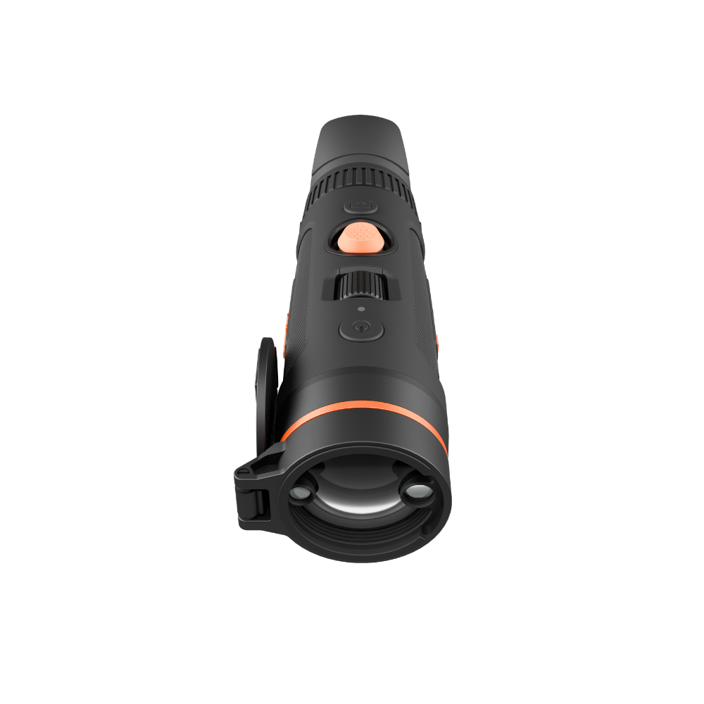 A black thermal monocular with orange accents, including a button and a ring near the lens.