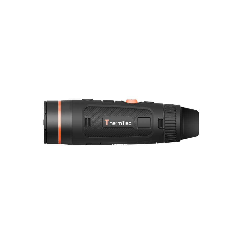 A black thermal monocular with orange accents, including a button and a ring near the lens.