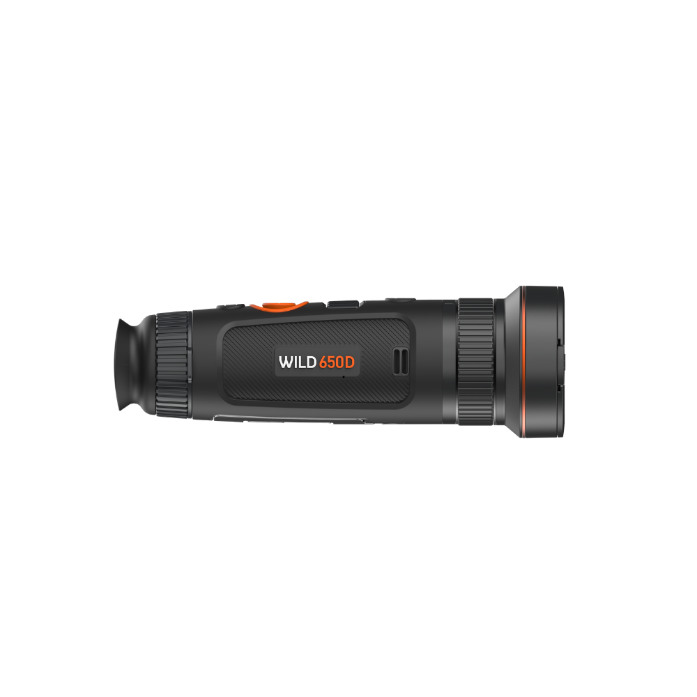 A thermal monocular with a black body, orange accents, and a clear objective lens, shown at an angle.