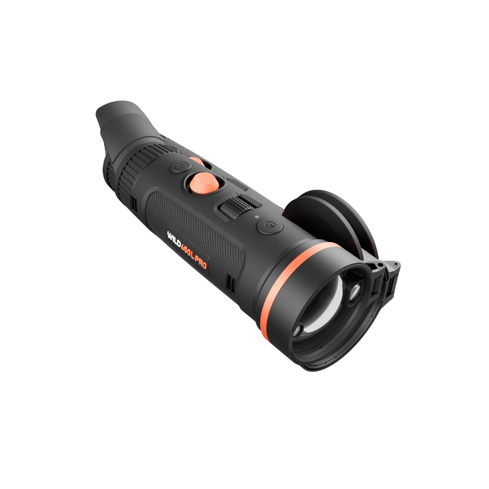 A black thermal monocular scope with orange accents, including an orange button and a thin orange ring around the lens collar.