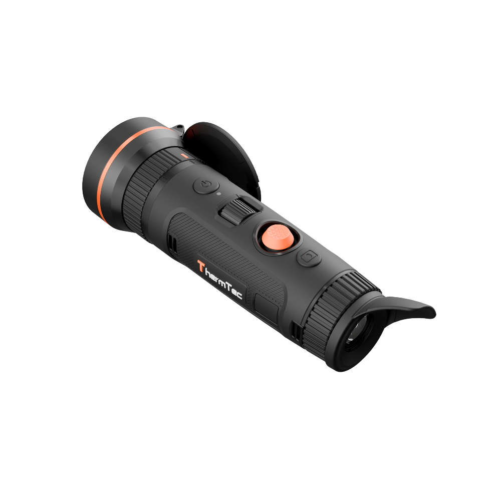 A black thermal monocular scope with orange accents, including an orange button and a thin orange ring around the lens collar.