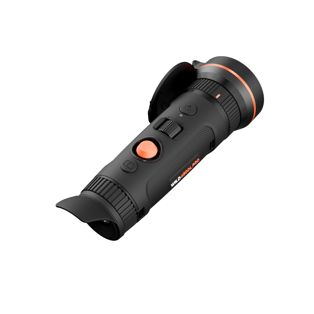 A black thermal monocular scope with orange accents, including an orange button and a thin orange ring around the lens collar.