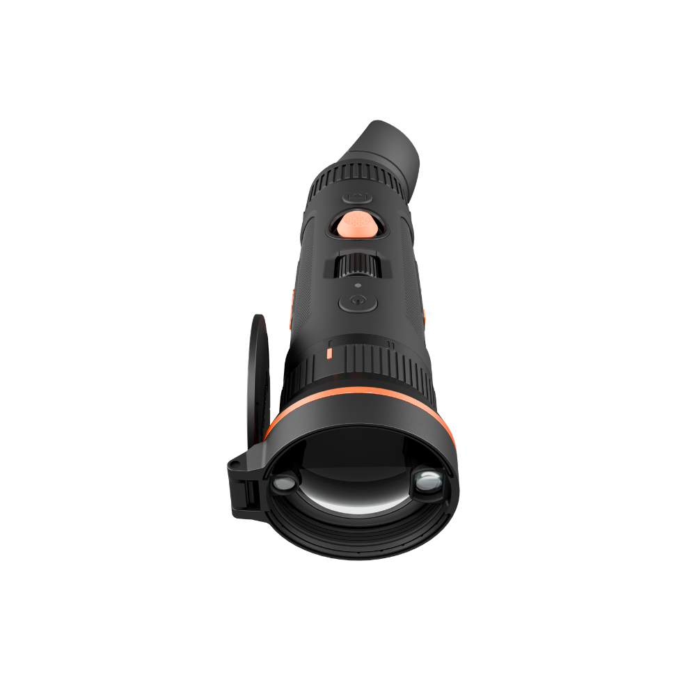 A black thermal monocular scope with orange accents, including an orange button and a thin orange ring around the lens collar.