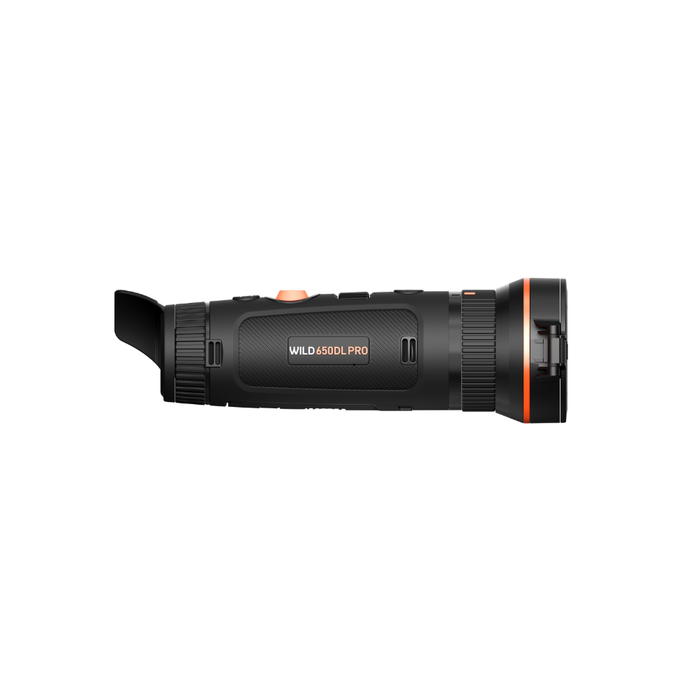 A black thermal monocular scope with orange accents, including an orange button and a thin orange ring around the lens collar.