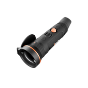 A black thermal monocular scope with orange accents, including an orange button and a thin orange ring around the lens collar.