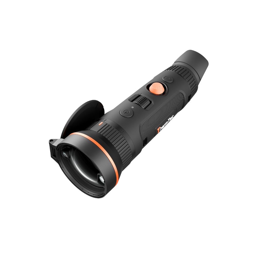 A black thermal monocular scope with orange accents, including an orange button and a thin orange ring around the lens collar.
