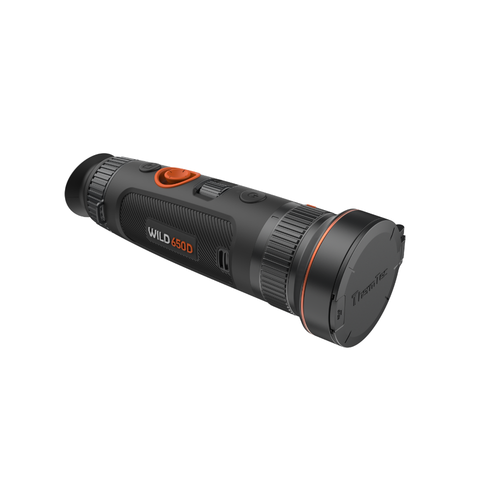 A thermal monocular with a black body, orange accents, and a clear objective lens, shown at an angle.