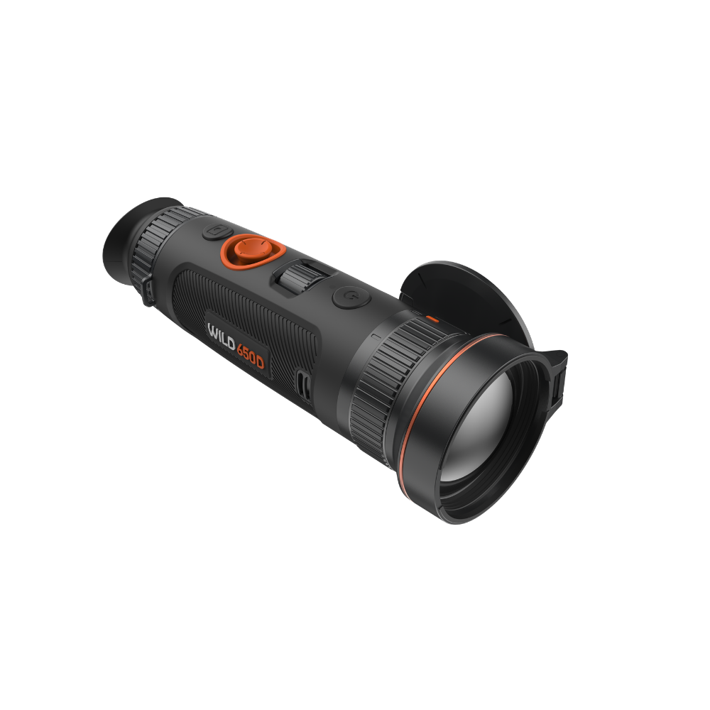 A thermal monocular with a black body, orange accents, and a clear objective lens, shown at an angle.