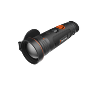 A thermal monocular with a black body, orange accents, and a clear objective lens, shown at an angle.