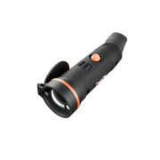 A black handheld thermal monocular with orange accent rings and buttons.